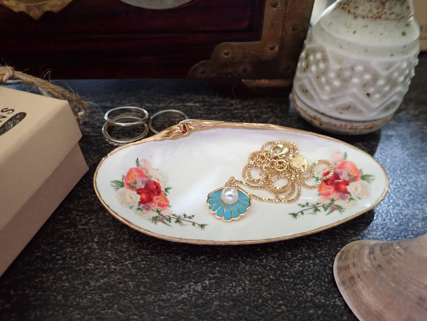 Personalized Decoupage Shell Jewelry Dish – Custom Hostess Gift, Coastal Decor