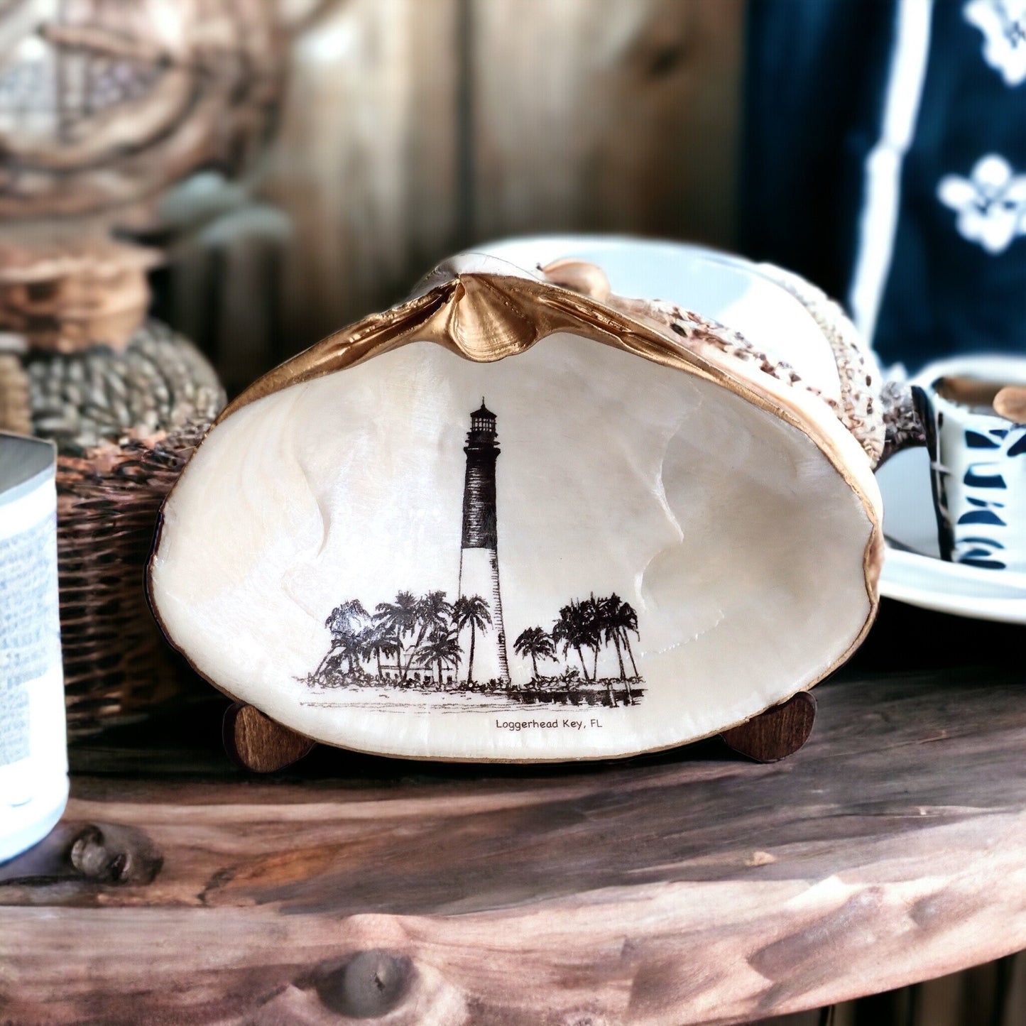 Decoupage Clam Shell Trinket Dish Dry Tortugas Lighthouse Art