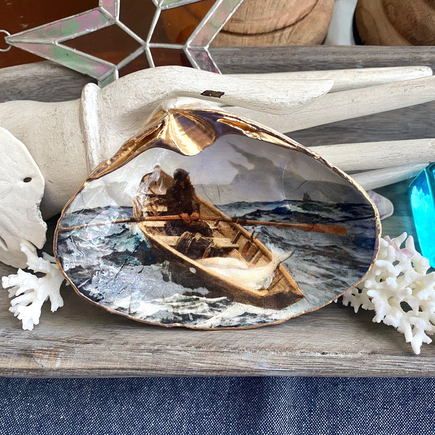 Handcrafted 'The Fog Warning' Clam Shell Ring Dish – Decoupage Fisherman Art, Coastal Decor