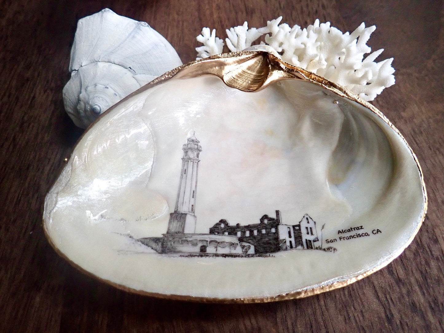 Decoupage Clam Shell Trinket Art Alcatraz Lighthouse Art