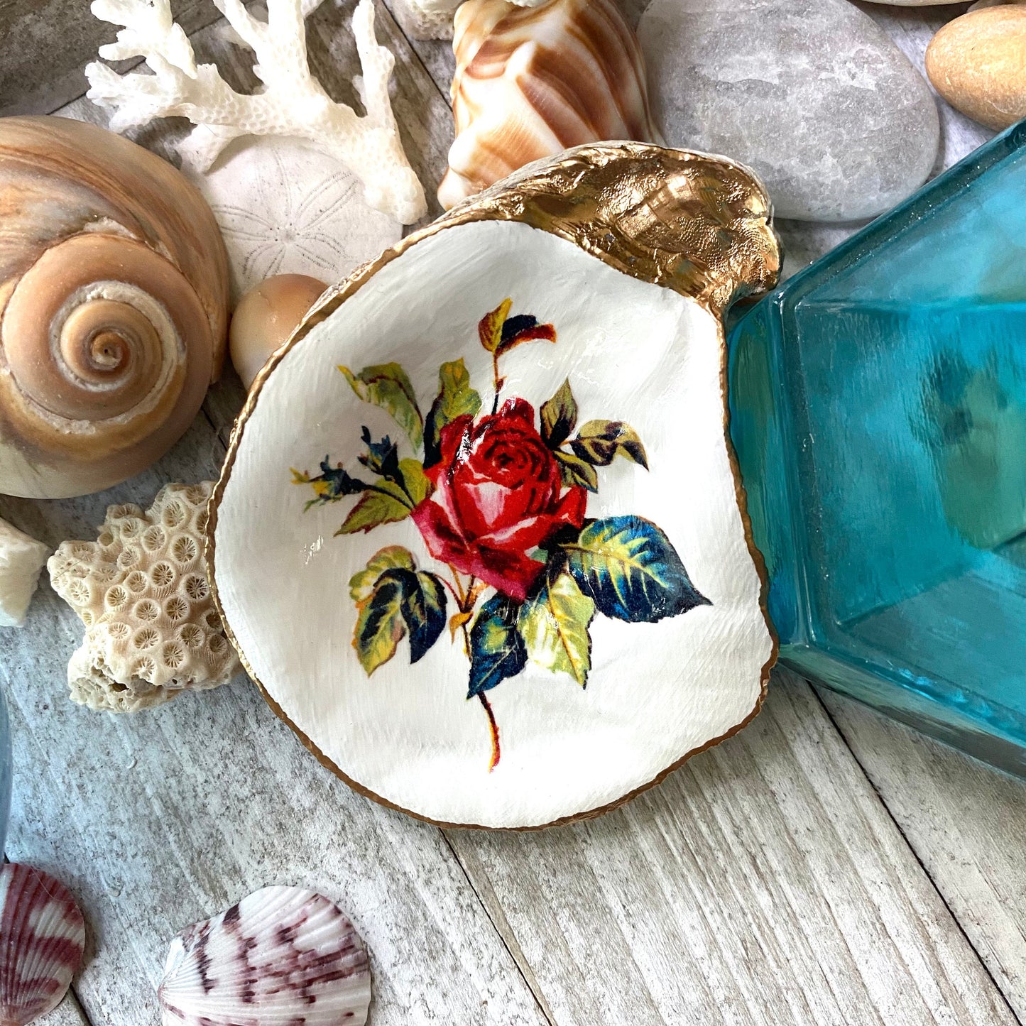 Decoupage Oyster Shell Trinket Dish – Rose Art