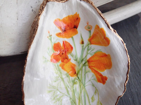 Decoupage Oyster Shell Trinket Dish California Poppy Flower Art