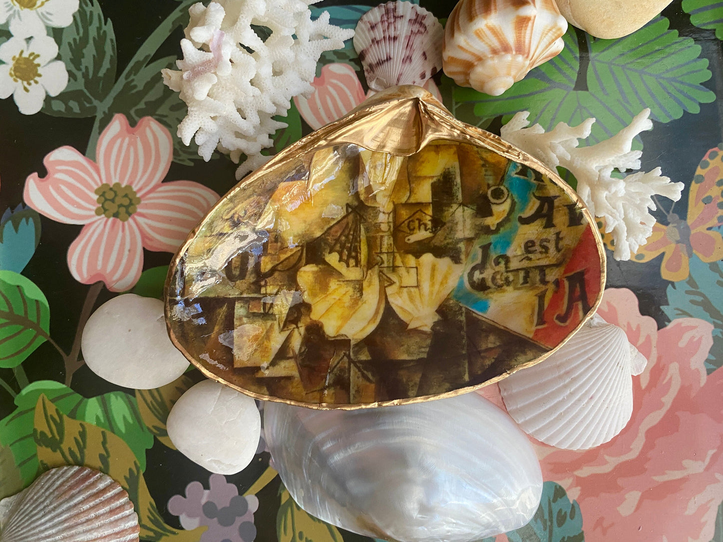 Decoupage Shell Ring Dish – Picasso Art, Coastal Housewarming Gift