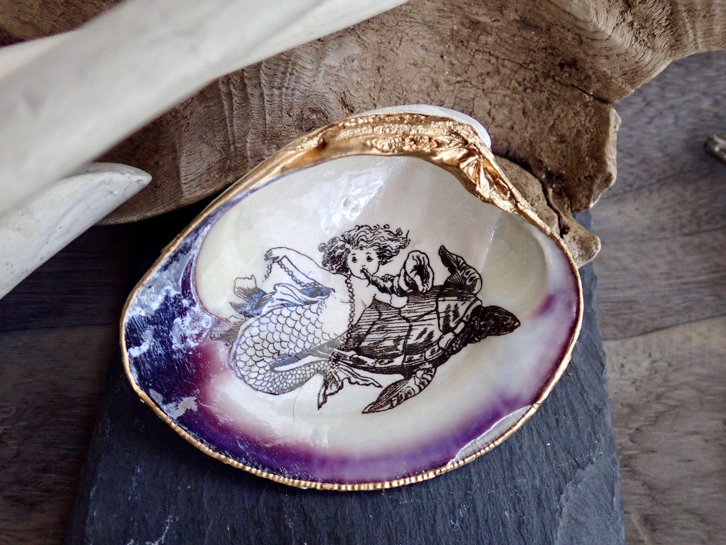 Little Mermaid Decoupage Clam Shell Trinket Dish