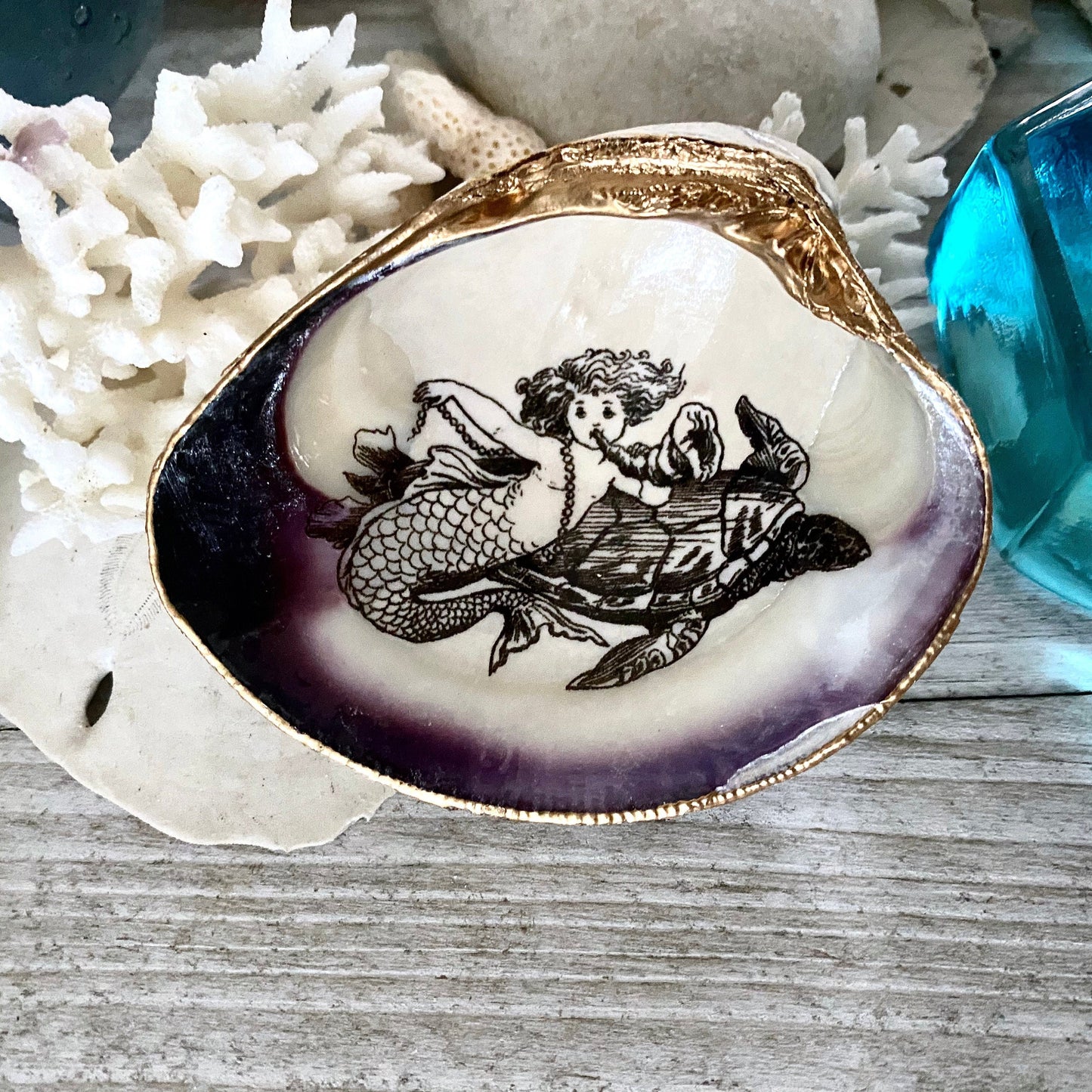 Little Mermaid Decoupage Clam Shell Trinket Dish