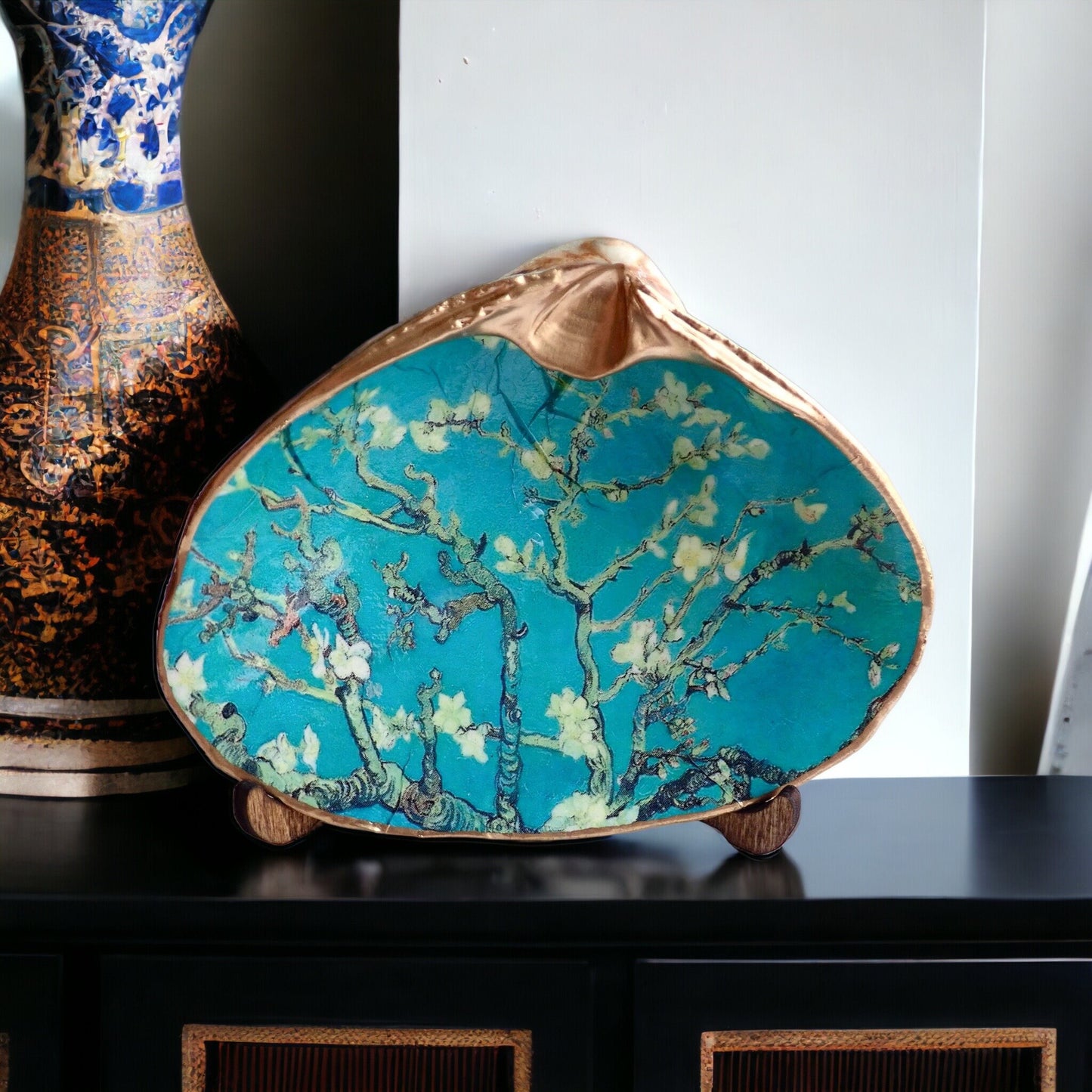 Decoupage Clam Shell Jewelry Dish – Almond Blossoms Art, Coastal Tabletop Decor