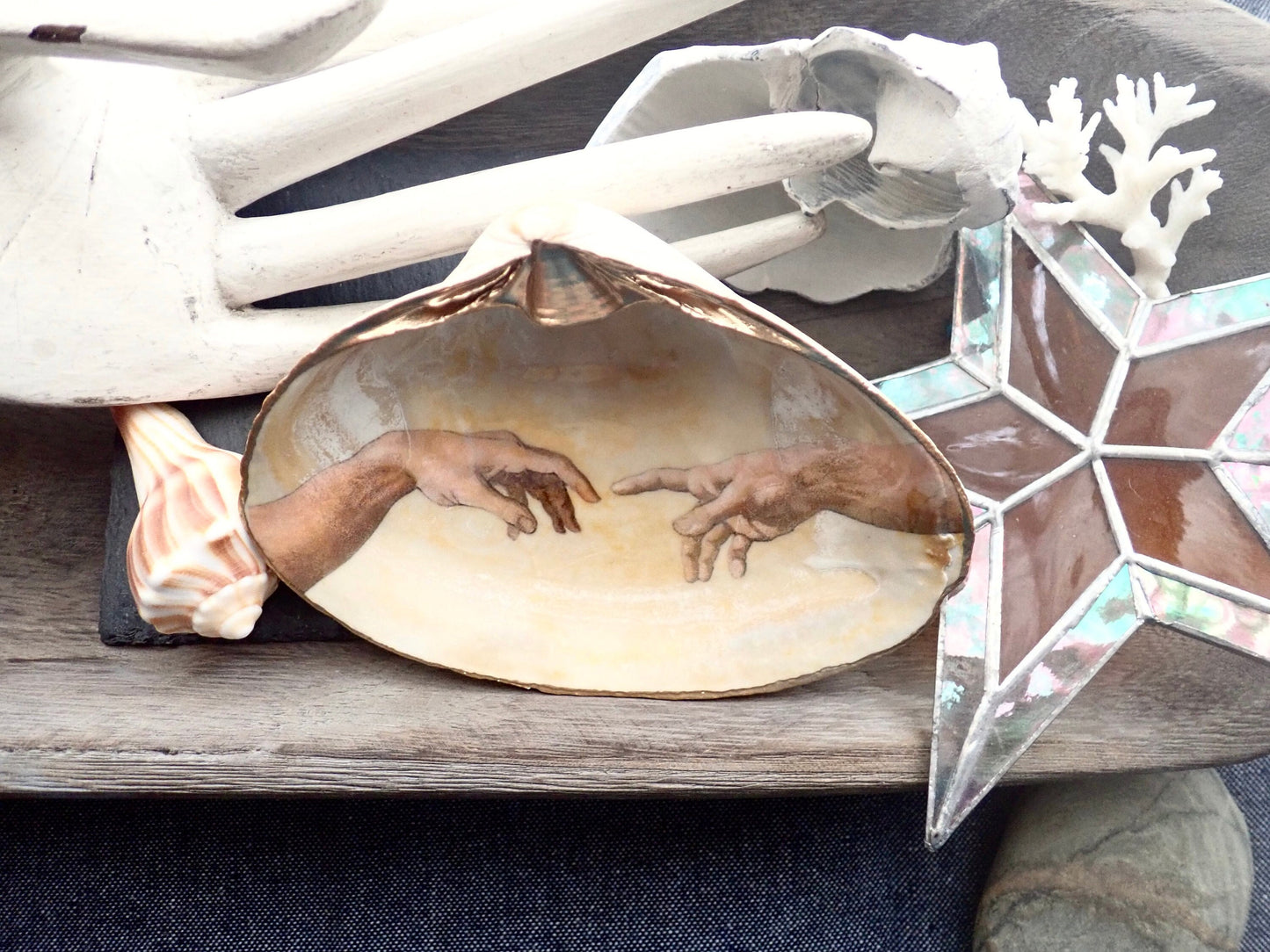 Decoupage Clam Shell Trinket Dish Michelangelo Art