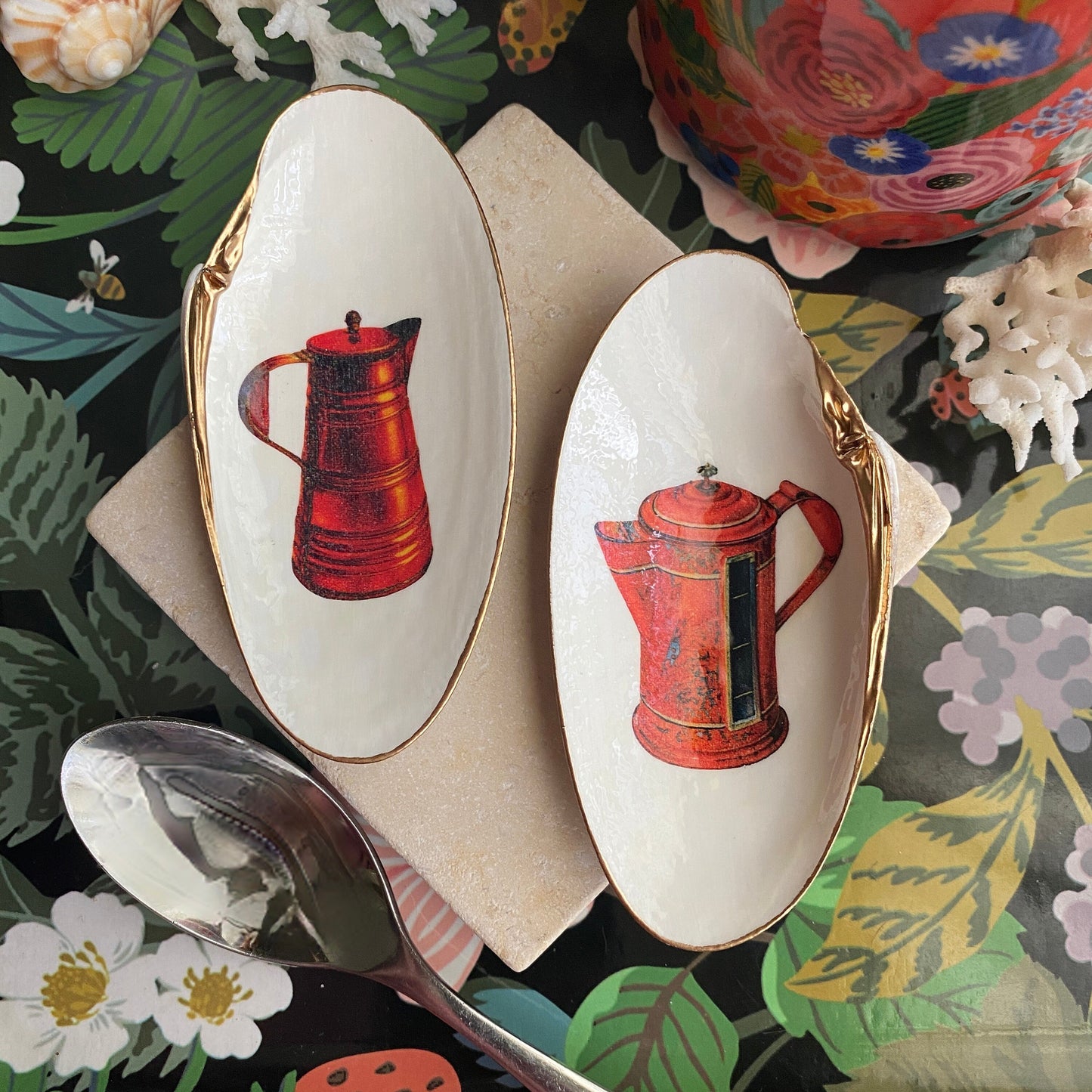 Decoupage Clam Shell Spoon Rest Pair – Vintage Coffee & Tea Illustration