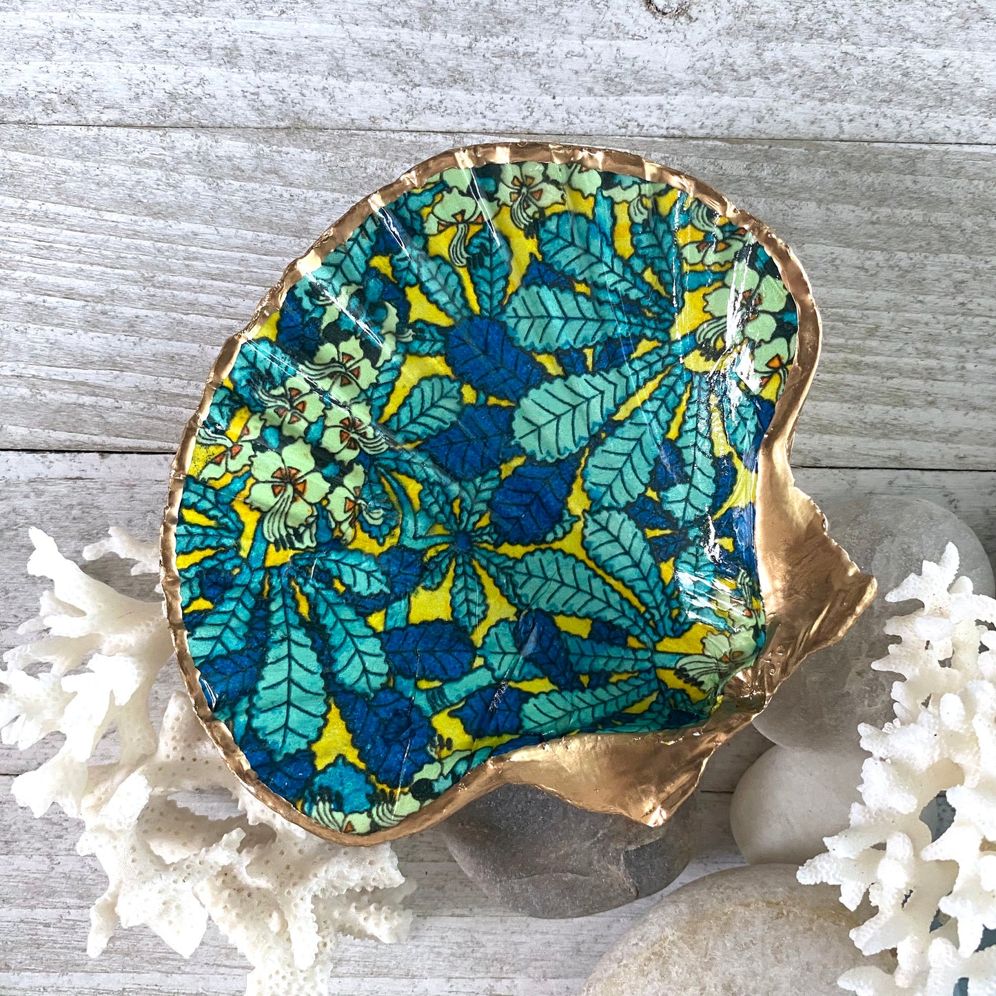 Decoupage Scallop Shell Trinket Dish Tropical Pattern