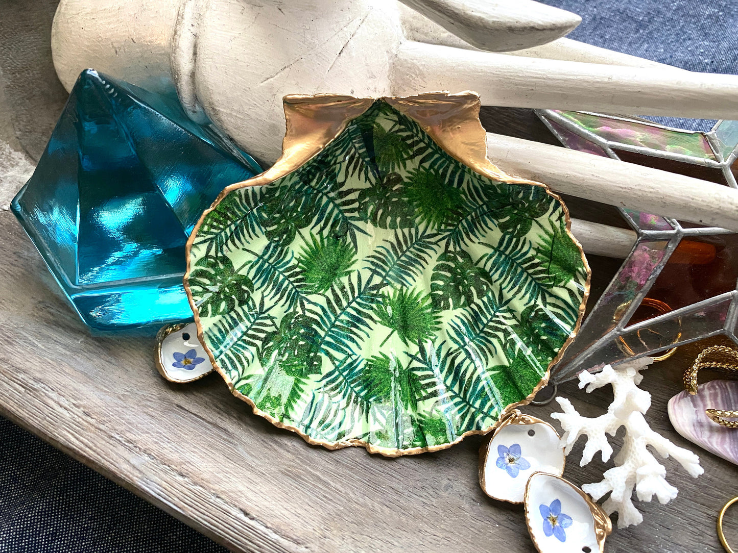 Decoupage Scallop Shell Trinket Dish Tropical Pattern