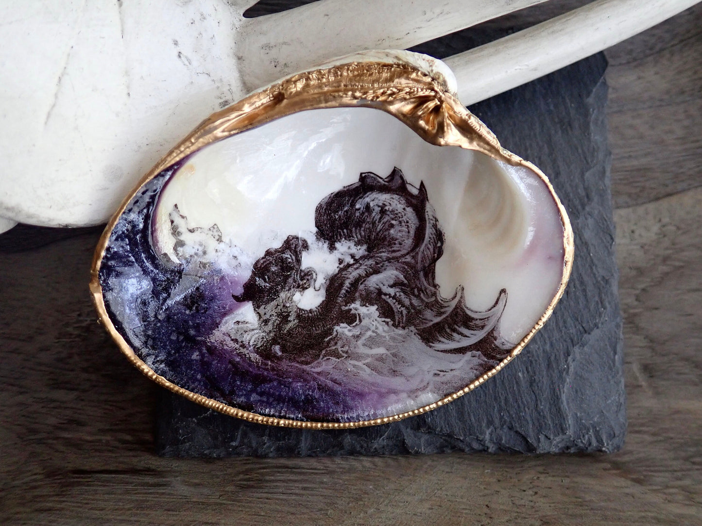 Decoupage Clam Shell Jewelry Dish – Mythological Sea Monster Art