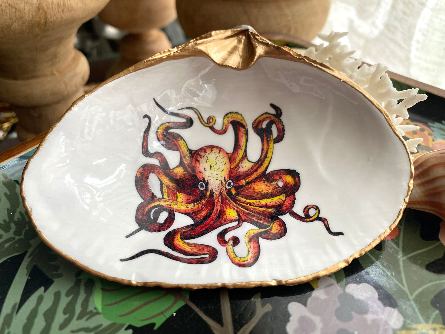 Hand-Colored Octopus Decoupage Clam Shell Trinket Dish