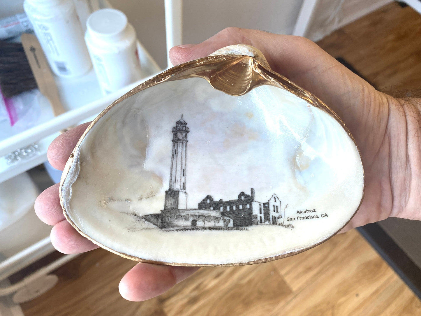 Decoupage Clam Shell Trinket Art Alcatraz Lighthouse Art