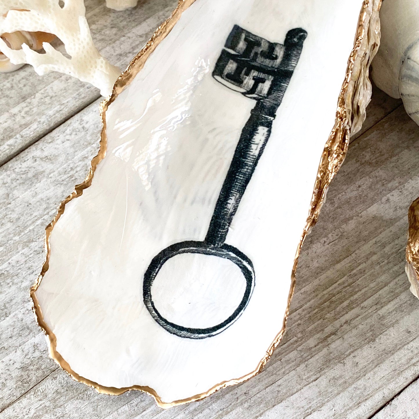 Decoupage Oyster Shell Jewelry Dish – Vintage Skeleton Key, Beach House Accent