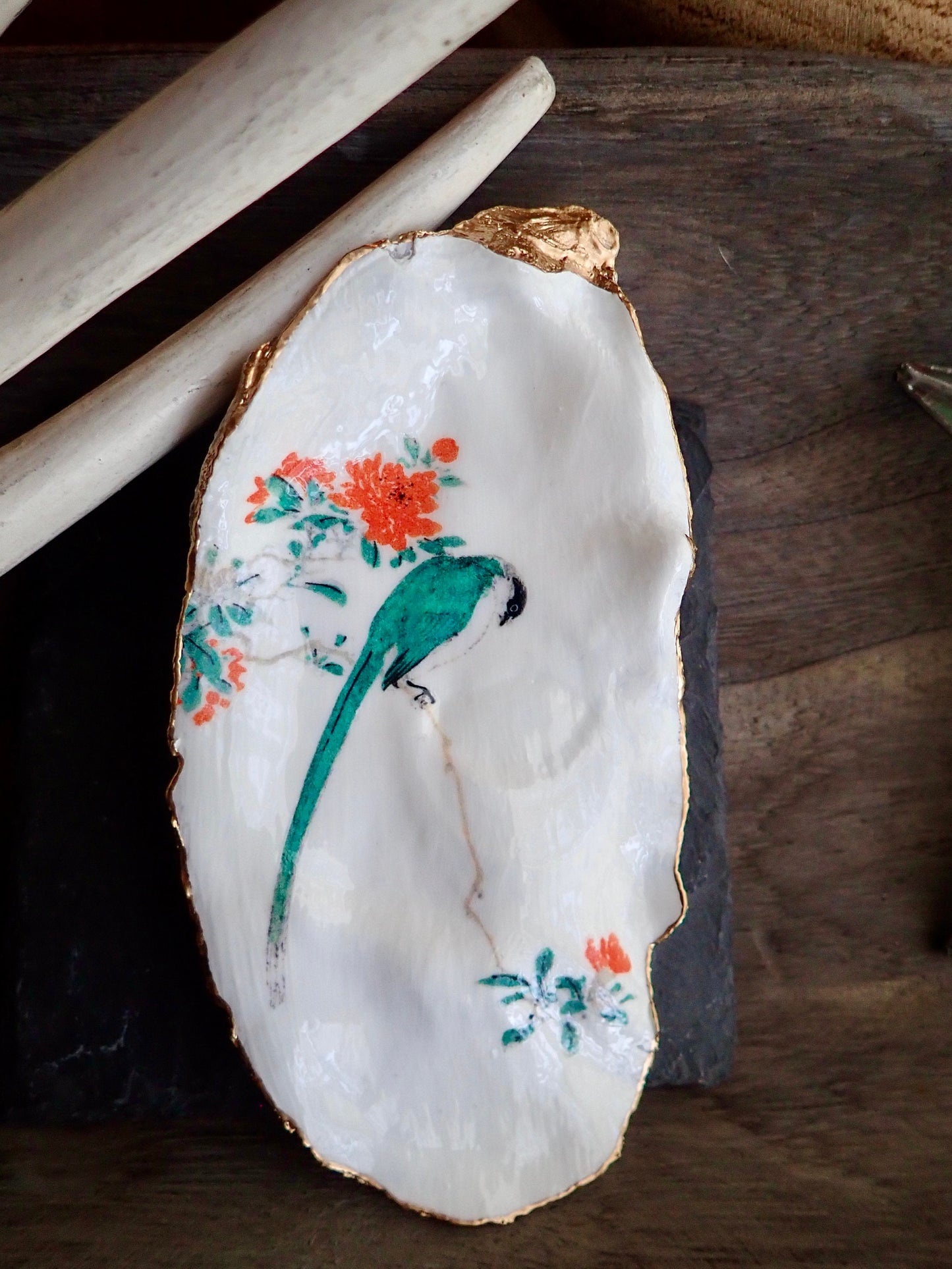 Decoupage Oyster Shell Ring Dish – Bird & Floral Design