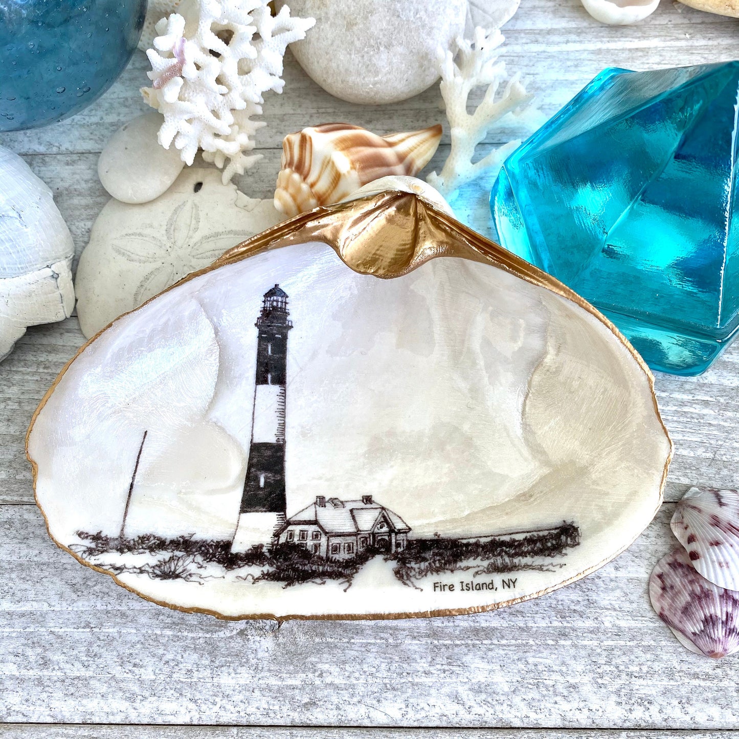 Decoupage Clam Shell Trinket Dish Fire Island Lighthouse Art, Coastal Home Decor