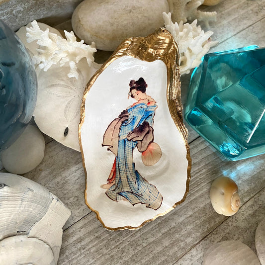 Decoupage Oyster Shell Trinket Dish Geisha Art