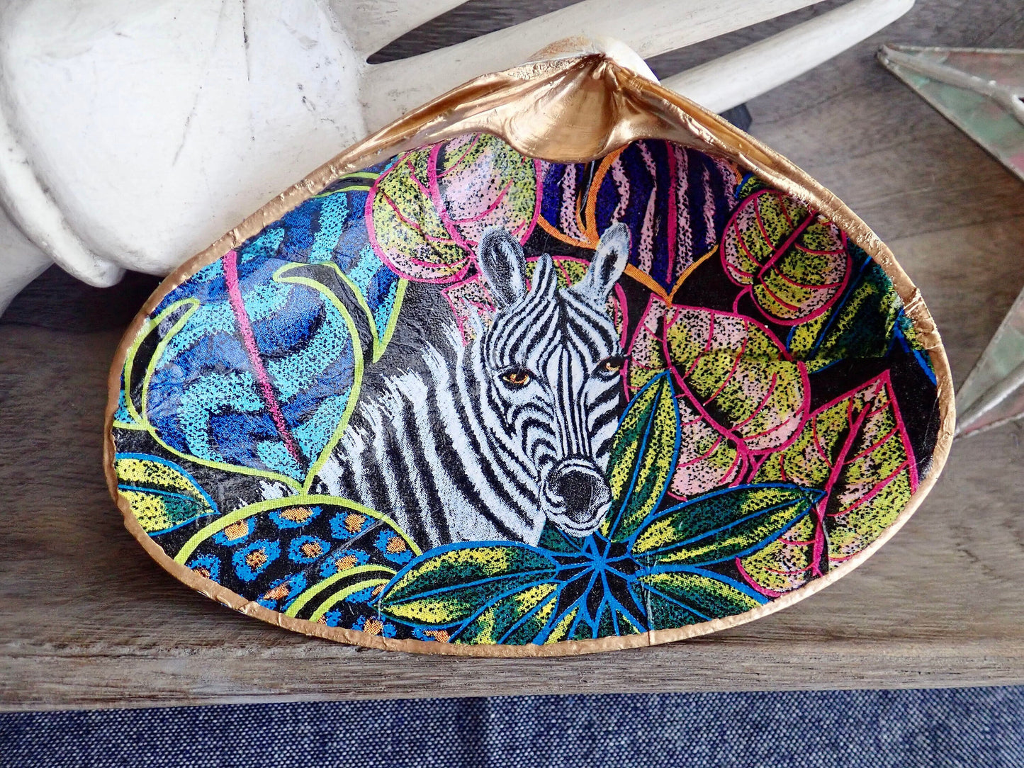 Decoupage Clam Shell Jewelry Dish – Tropical Zebra Design, Coastal Home Decor