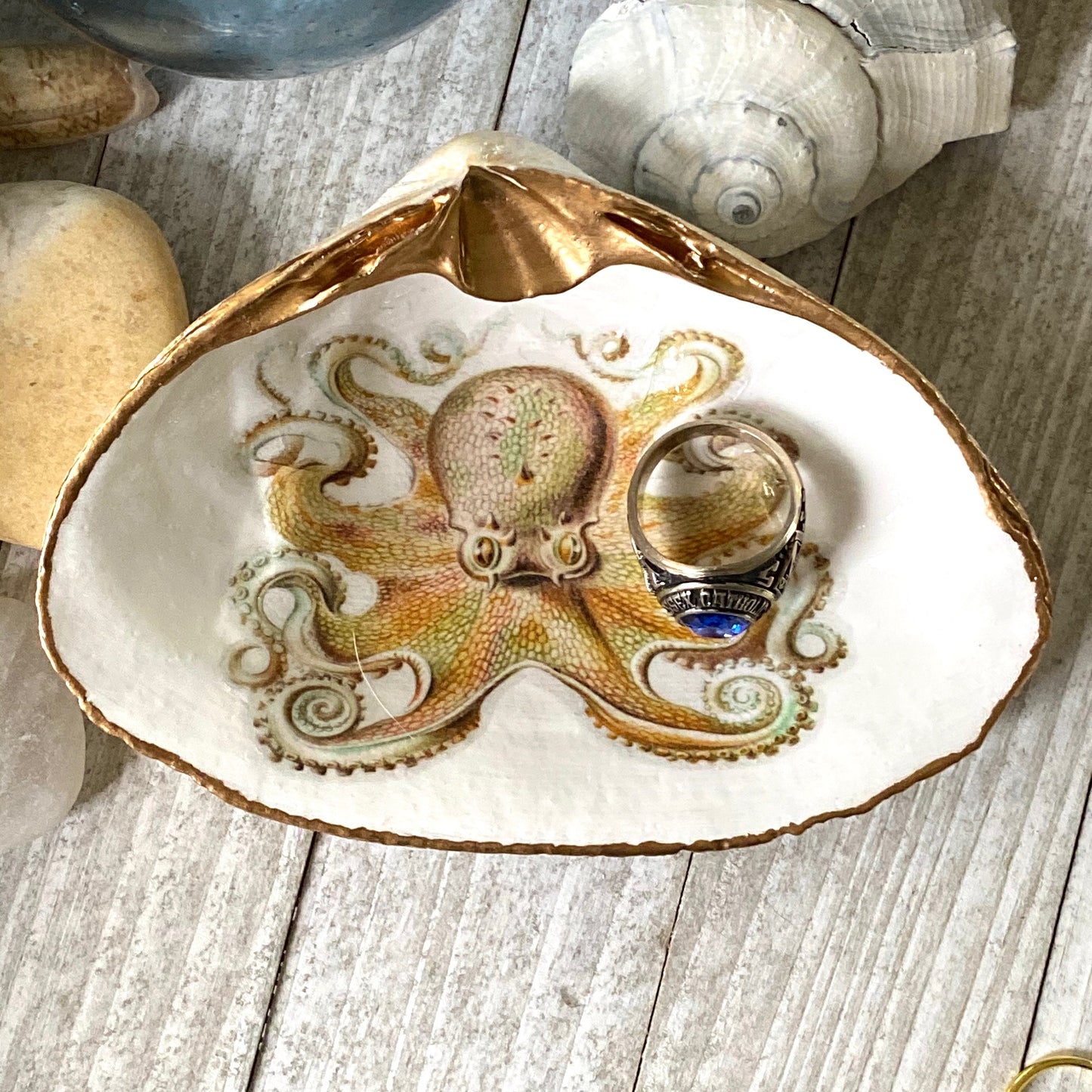 Decoupage Clam Shell Gold Octopus Art