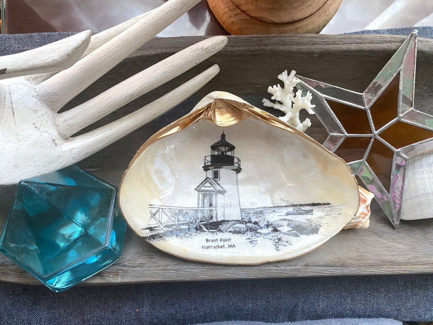 Decoupage Clam Shell Trinket Dish Nantucket Art