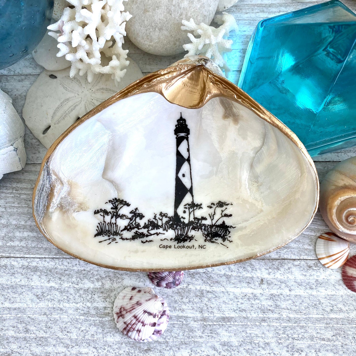 Decoupage Clam Shell Trinket Dish Cape Lookout Lighthouse Art