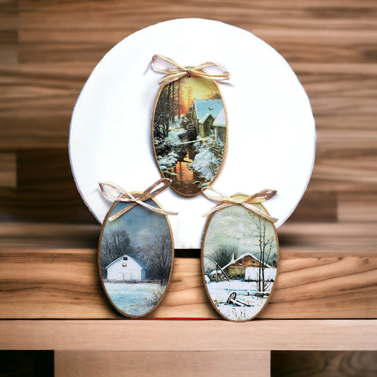 Vintage Winter Scenes Decoupage Holiday Ornaments
