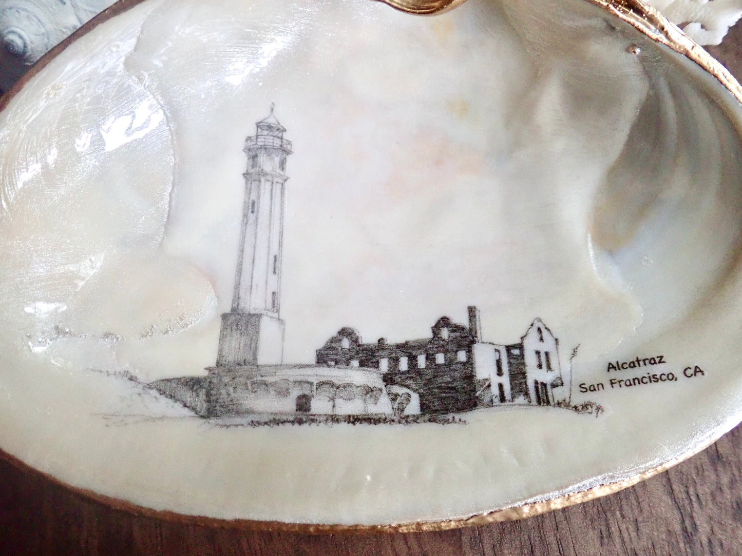 Decoupage Clam Shell Trinket Art Alcatraz Lighthouse Art
