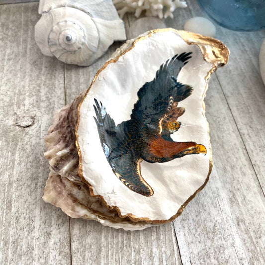 Decoupage Oyster Shell - Golden Eagle, Bird Lover Home Decor