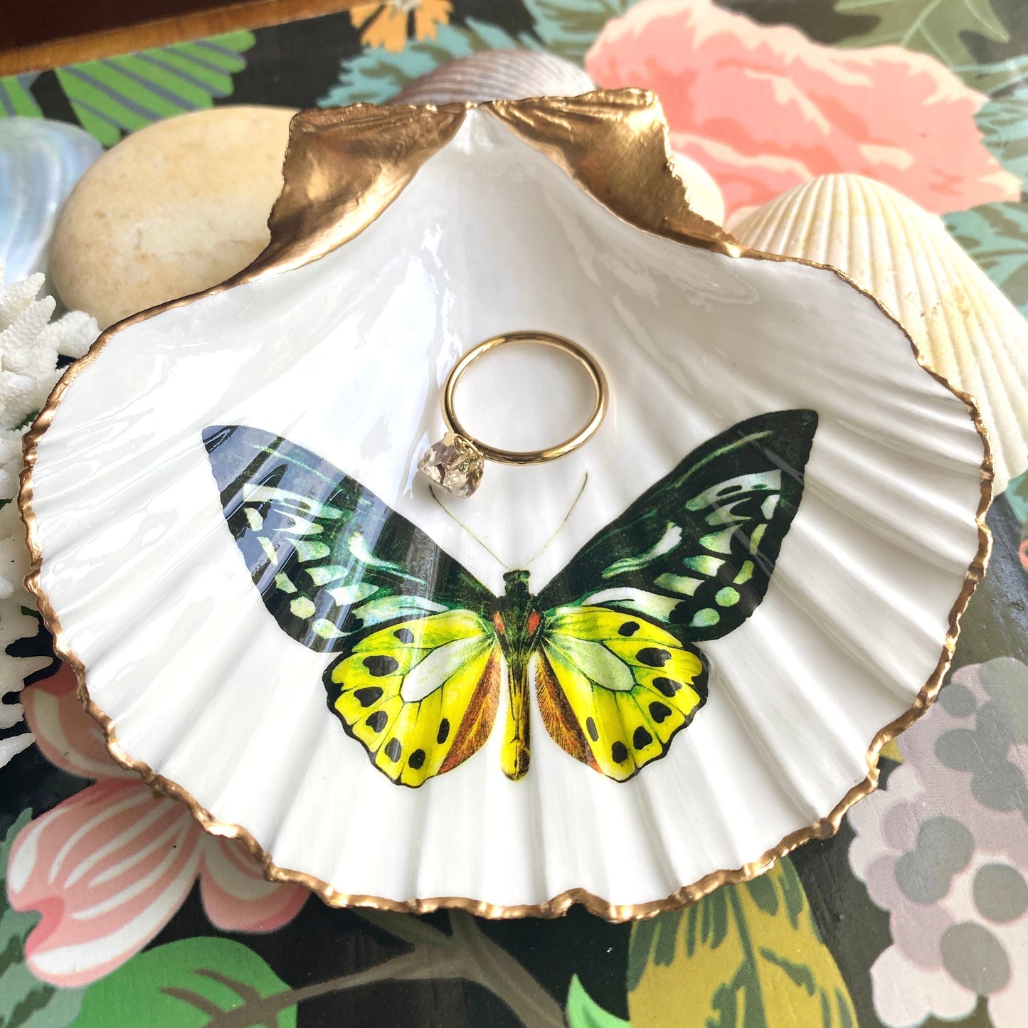 Decoupage Scallop Shell Trinket Dish Butterfly Art