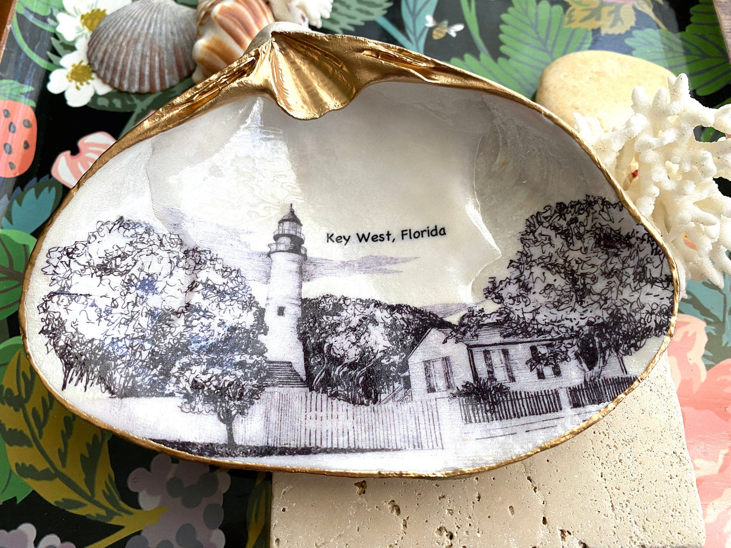 Decoupage Clam Shell Trinket Dish Key West Lighthouse Art