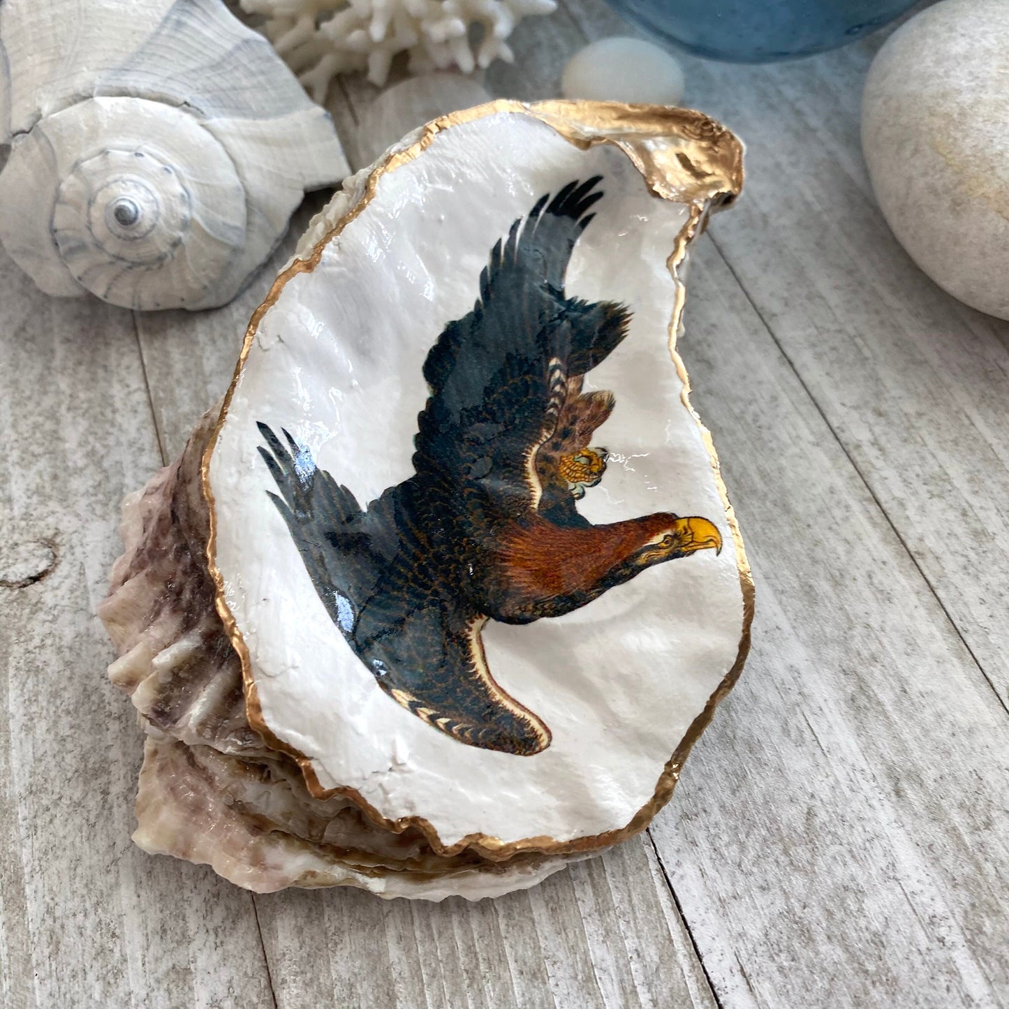 Decoupage Oyster Shell - Golden Eagle, Bird Lover Home Decor