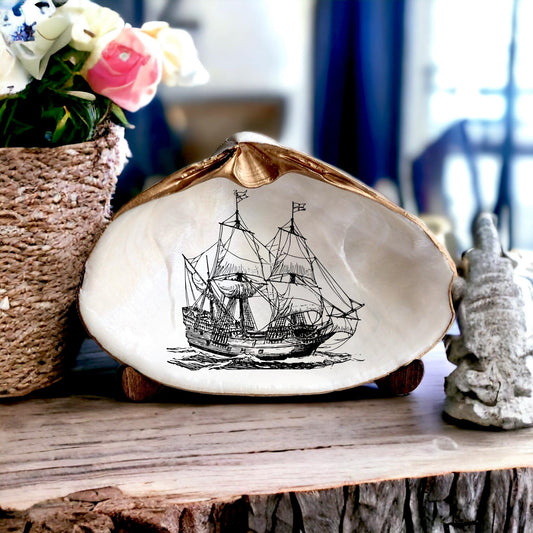 Decoupage Clam Shell Trinket Dish Tall Ship Art