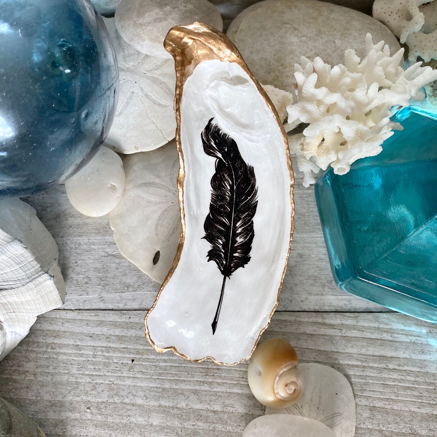 Decoupage Oyster Shell Ring Dish – Feather Art Coastal Decor, Hostess Gift