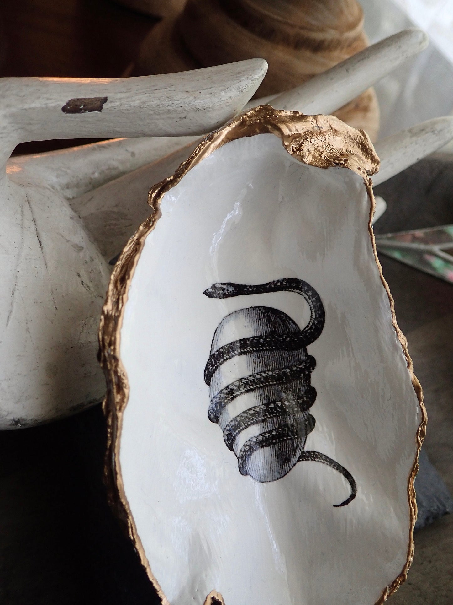 Decoupage Orphic Egg Oyster Shell Ring Dish – Handcrafted Esoteric Art, Greek Mythology Gift