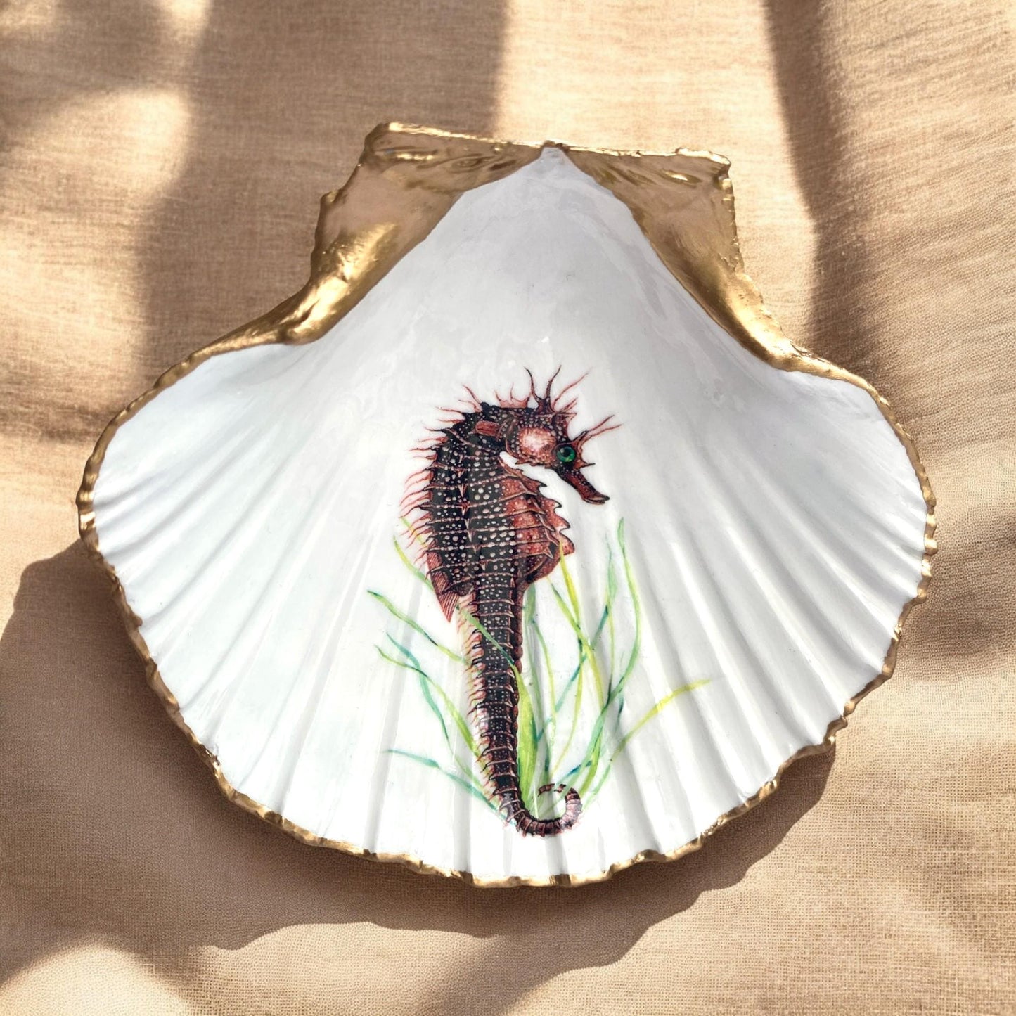 Decoupage Scallop Shell Trinket Dish Seahorse Art