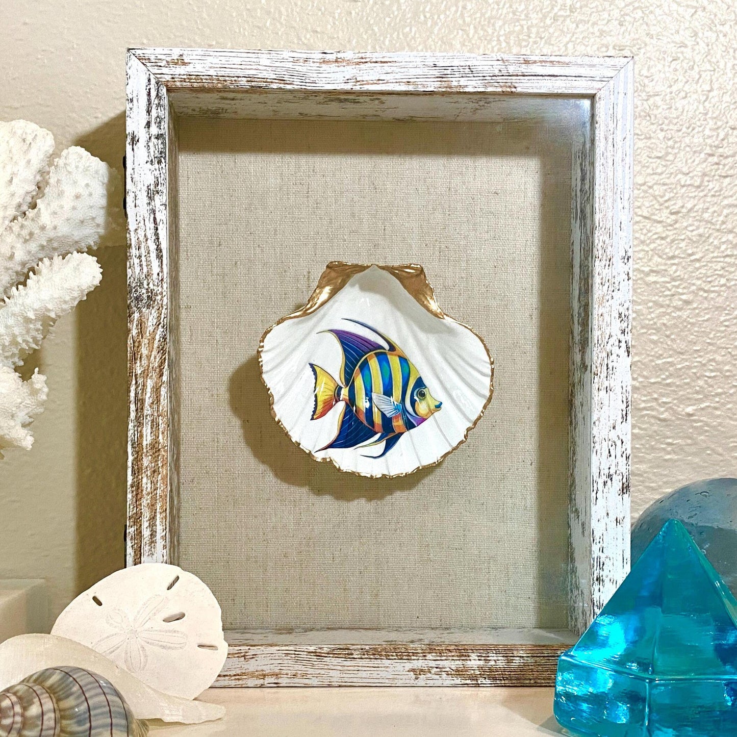 Coastal Wall Art Framed Decoupage Scallop Shell – Beach House Decor