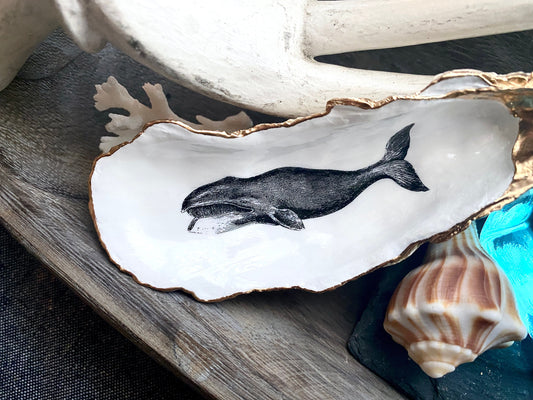 Whale Art Decoupage Oyster Shell Trinket Dish