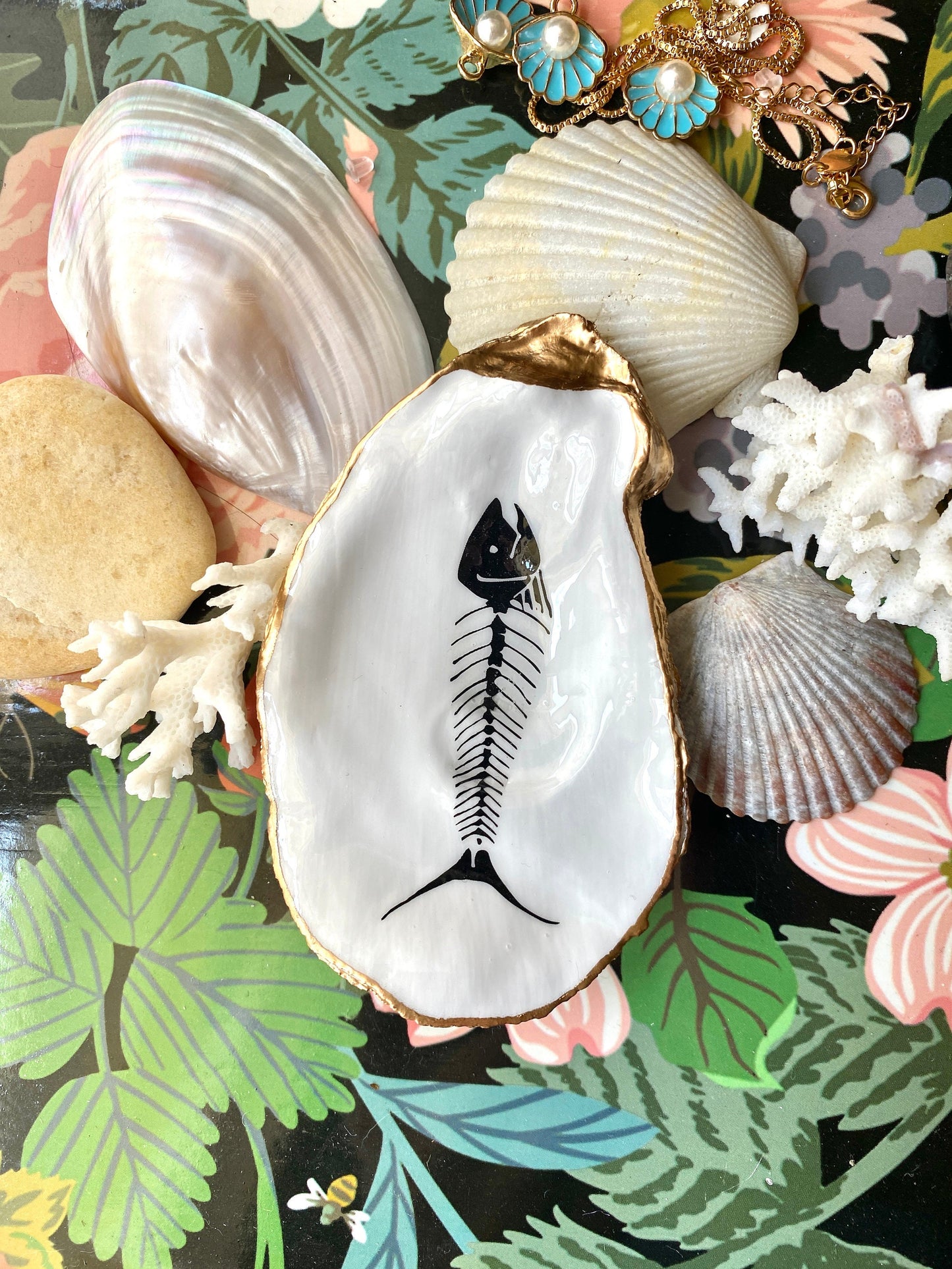 Decoupage Oyster Shell Jewelry Dish – Fish Skeleton, Nautical Halloween Decor