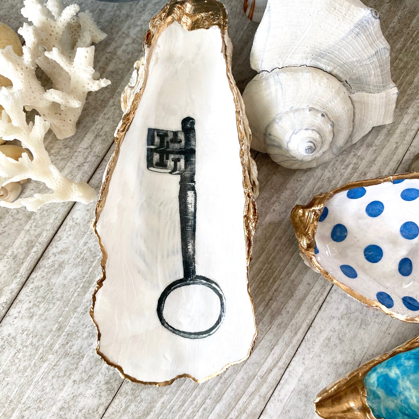 Decoupage Oyster Shell Jewelry Dish – Vintage Skeleton Key, Beach House Accent