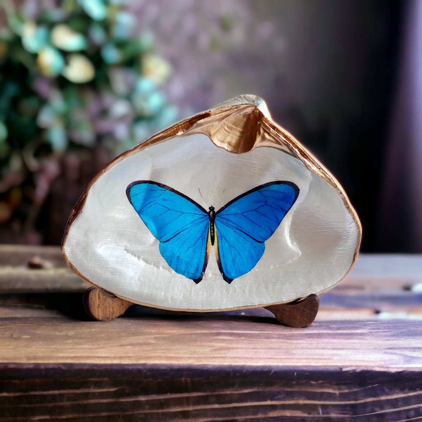 Blue Morpho Butterfly Decoupage Clam Shell Trinket Dish