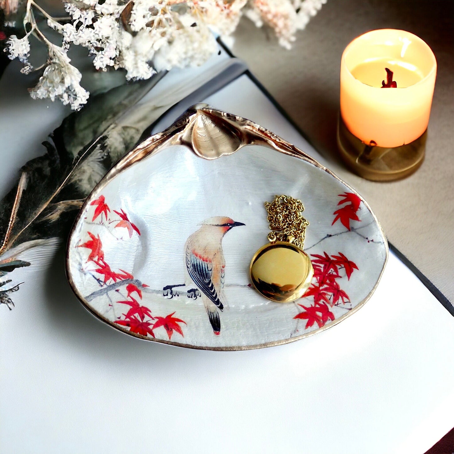Cedar Waxwing Bird Decoupage Clam Shell Ring Dish