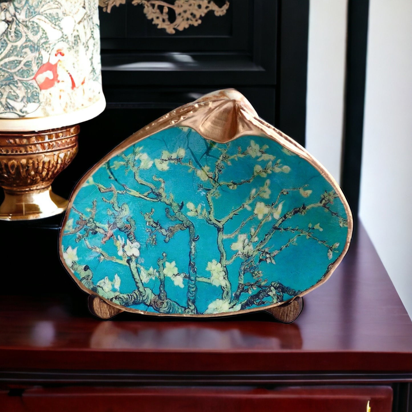 Decoupage Clam Shell Jewelry Dish – Almond Blossoms Art, Coastal Tabletop Decor