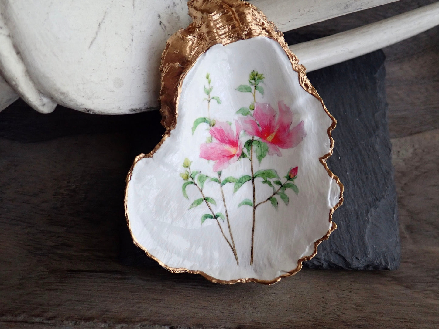 Decoupage Oyster Shell Trinket Dish – Hibiscus Flower Art