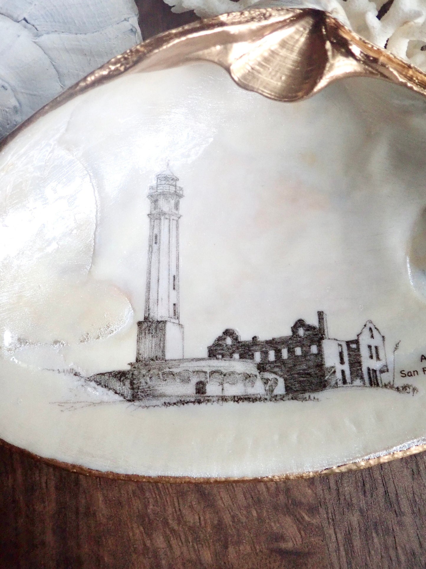 Decoupage Clam Shell Trinket Art Alcatraz Lighthouse Art