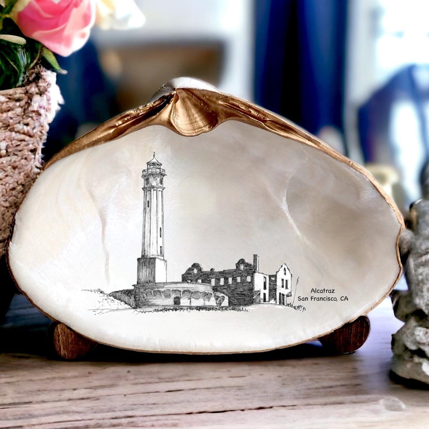 Decoupage Clam Shell Trinket Art Alcatraz Lighthouse Art