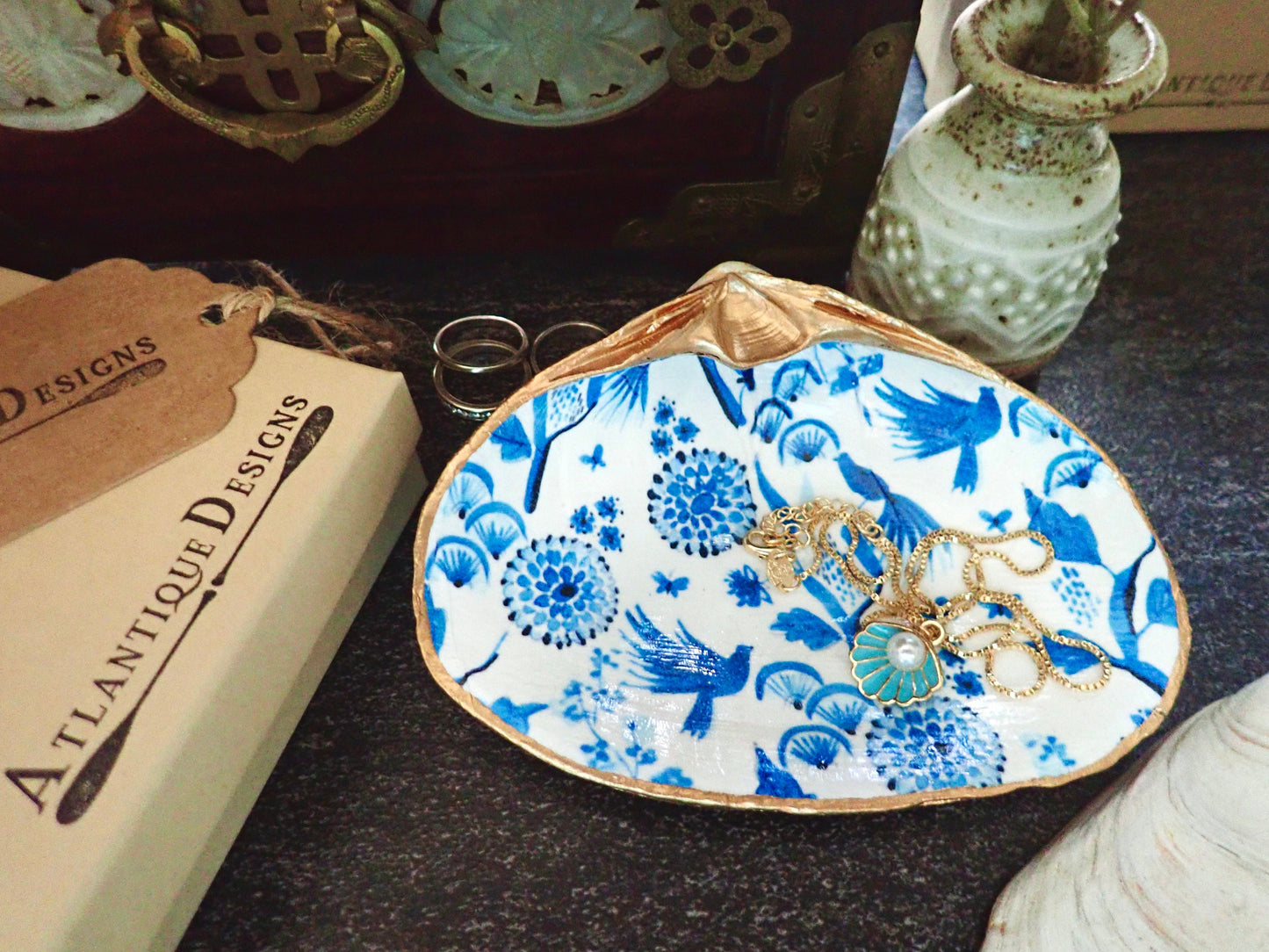 Decoupage Clam Shell Ring Dish – Delft Blue & White Design, Coastal Accent