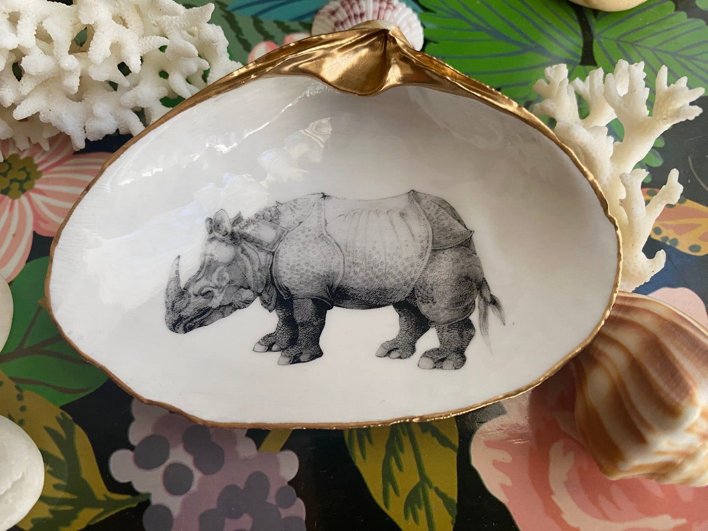 Rhinoceros Art Decoupage Clam Shell Ring Dish – Dürer-Inspired Nature Lover Gift