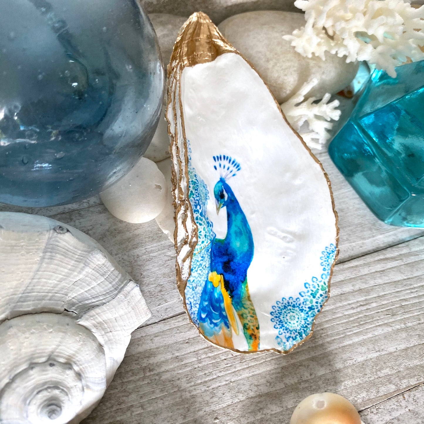 Decoupage Oyster Shell Trinket Dish Peacock Art