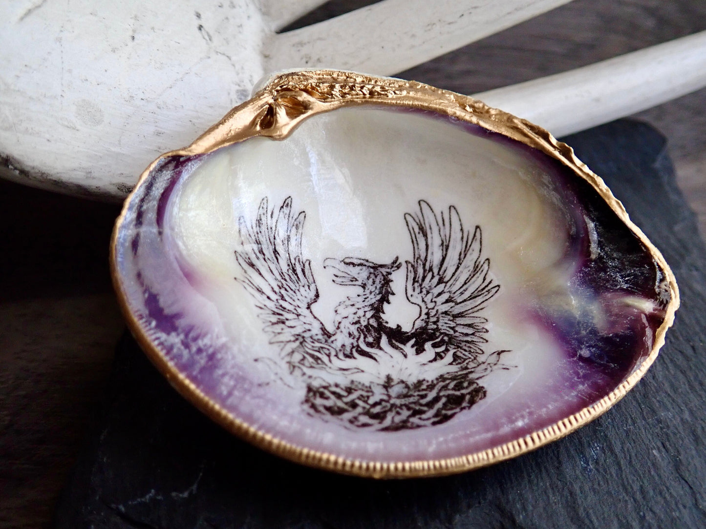 Decoupage Phoenix Clam Shell Ring Dish – Coastal Jewelry Holder, Mythology Decor