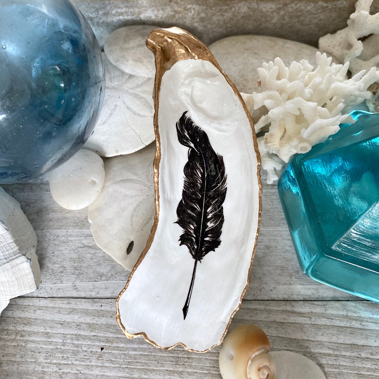 Decoupage Oyster Shell Ring Dish – Feather Art Coastal Decor, Hostess Gift